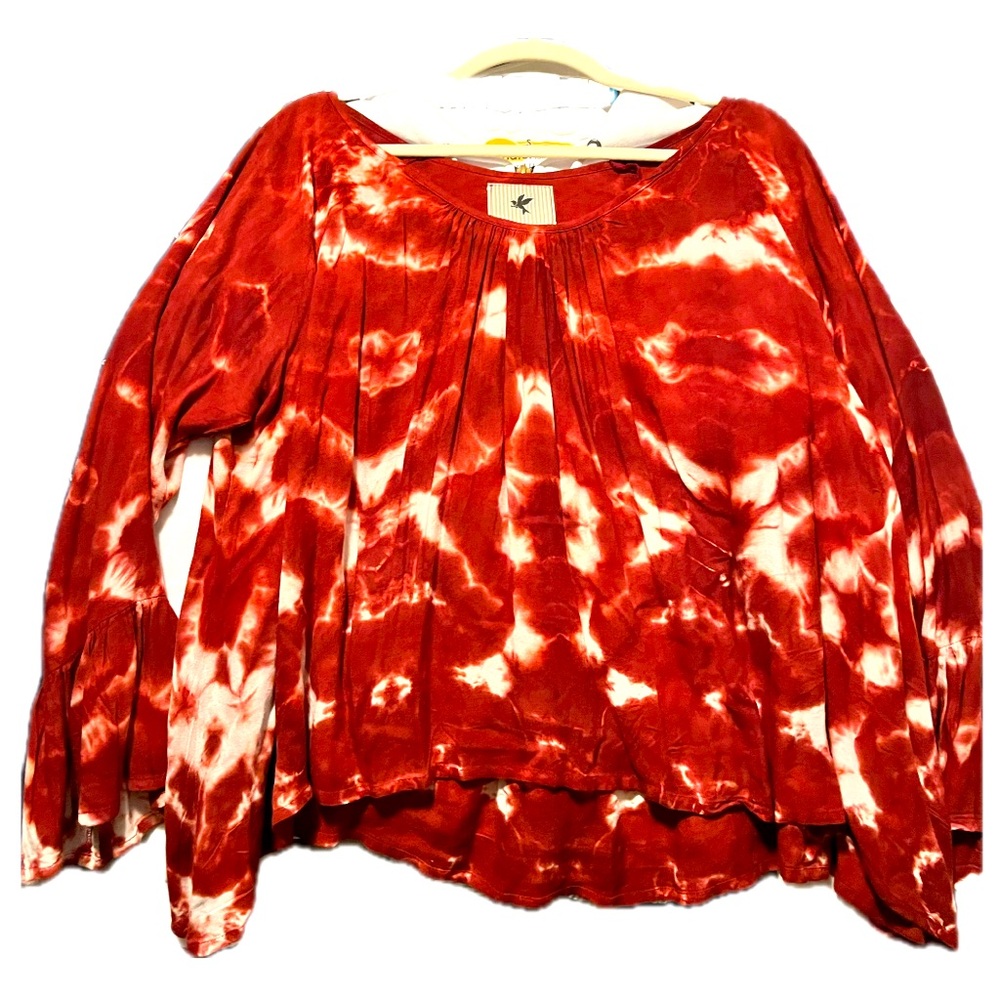 Anthropologie One Teaspoon Red and White Tie Dye Bell Sleeve Top